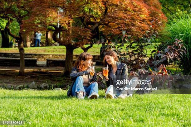 un couple de jeunes femmes dans un parc prend une boisson gazeuse - meadow stock photos et images de collection