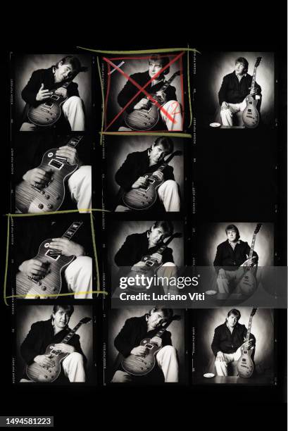Contact sheet from a portrait session with former Rolling Stones lead guitarist Mick Taylor, Rome, Italy, 1996. He is holding a Gibson Les Paul...