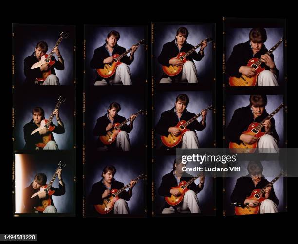 Contact sheet from a portrait session with former Rolling Stones lead guitarist Mick Taylor, Rome, Italy, 1996. He is holding a Gibson Les Paul...