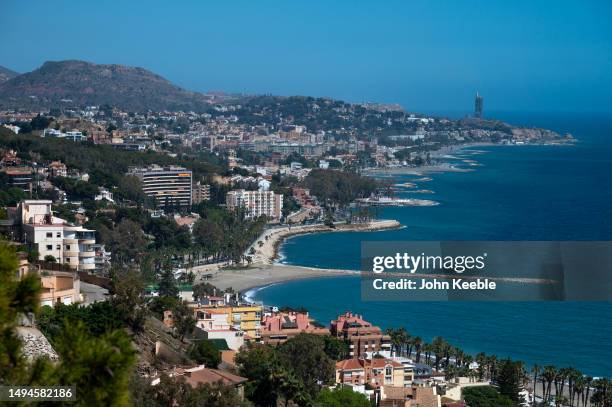 General view looking towards the Baños del Carmen Beach, Pedregalejo - Las Acacias Beach and El Palo Beach along the coastline on April 17, 2023 in...