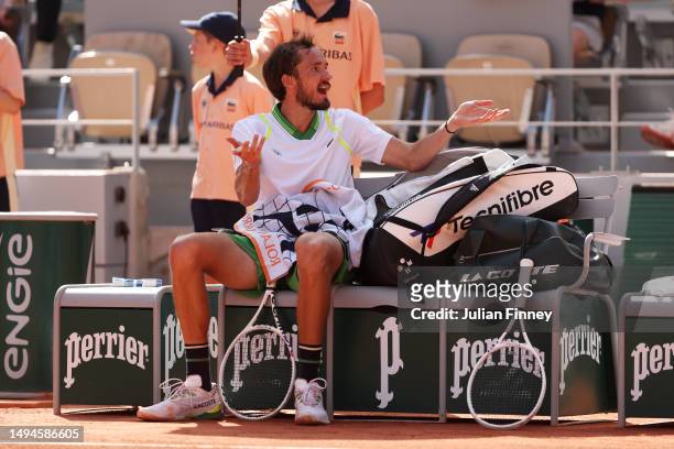 Daniil Medvedev reacts during a changeover against Thiago Seyboth Wild of Brazil during their Men's Singles First Round Match on Day Three of the...