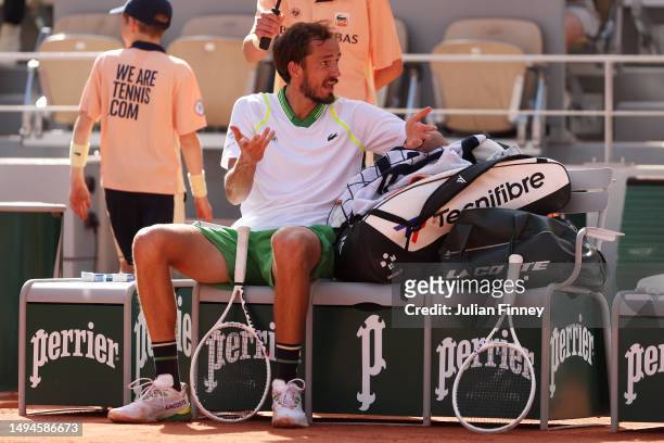 Daniil Medvedev reacts during a changeover against Thiago Seyboth Wild of Brazil during their Men's Singles First Round Match on Day Three of the...