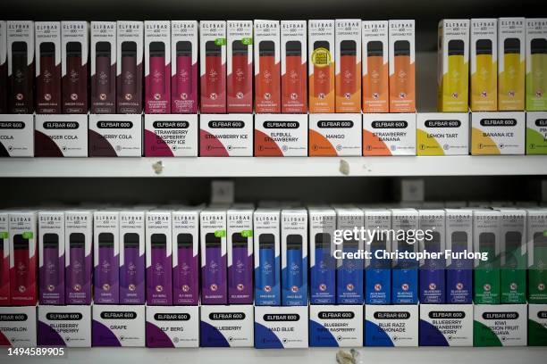 Disposable vaping devices are seen for sale in a shop on May 30, 2023 in Manchester, England. The British prime minister has tried to cast a harsh...