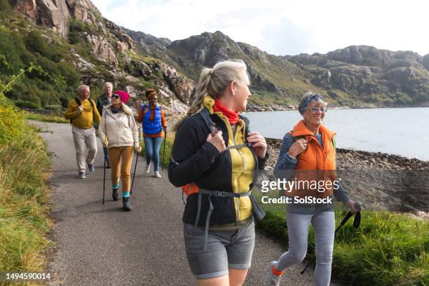 walking with friends in scotland - hiking pole stockfoto's en -beelden