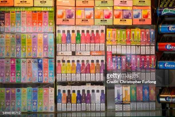 Disposable vaping devices are seen for sale in a shop on May 30, 2023 in Manchester, England. The British prime minister has tried to cast a harsh...
