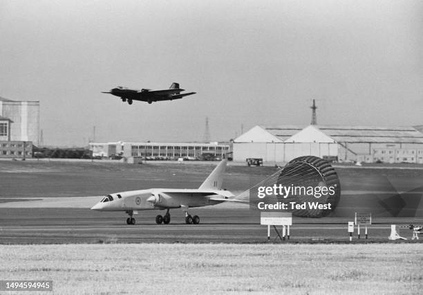 British Aircraft Corporation TSR-2 tactical jet bomber and reconnaissance plane, lands while deploying a parachute brake at Boscombe Down airfield on...