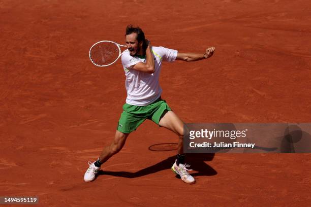 Daniil Medvedev plays a forehand against Thiago Seyboth Wild of Brazil during their Men's Singles First Round Match on Day Three of the 2023 French...