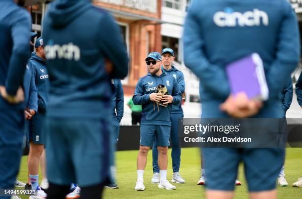 Brendon McCullum, Head Coach of England speaks to his players during a England Net Session at Lord's Cricket Ground on May 30, 2023 in London,...