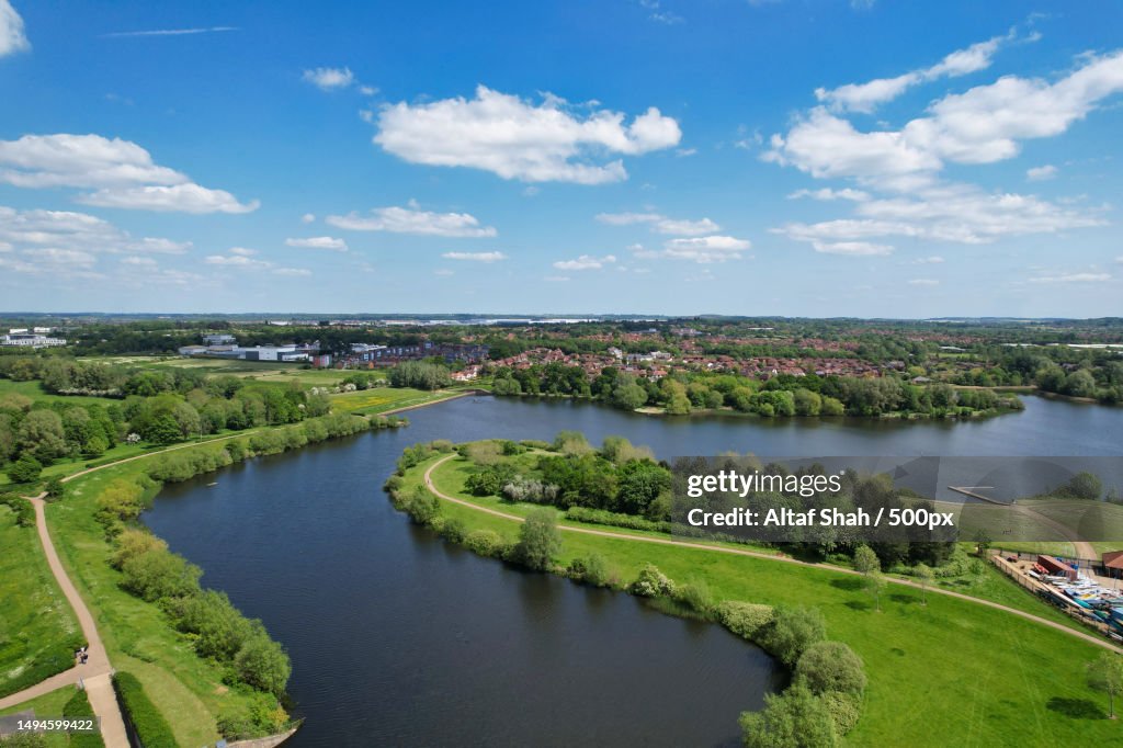High angle view of river amidst trees against sky,Caldecotte,Milton Keynes,United Kingdom,UK
