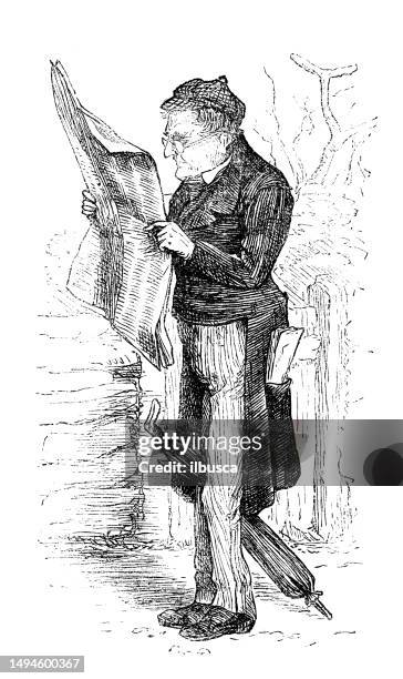 british satire caricature comic cartoon illustration - reading newspaper outside stock illustrations