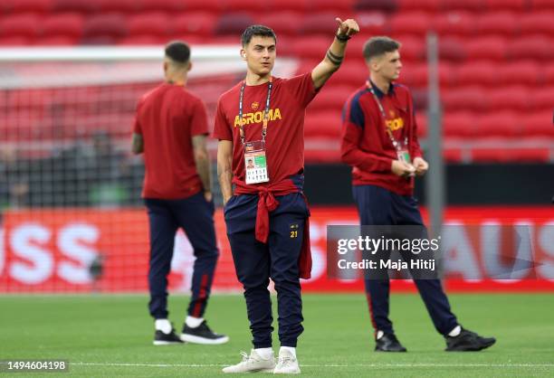 Paulo Dybala of AS Roma inspects the pitch prior to the UEFA Europa League 2022/23 final match between Sevilla FC and AS Roma at Puskas Arena on May...