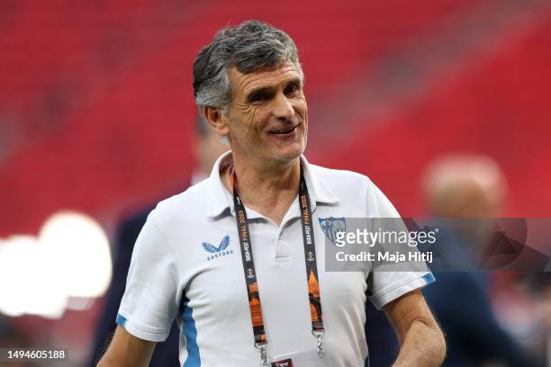 Jose Luis Mendilibar, Head Coach of Sevilla FC, looks on prior to the UEFA Europa League 2022/23 final match between Sevilla FC and AS Roma at Puskas...