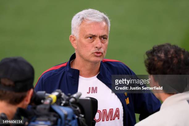 Jose Mourinho, Head Coach of AS Roma, inspects the pitch prior to the UEFA Europa League 2022/23 final match between Sevilla FC and AS Roma at Puskas...