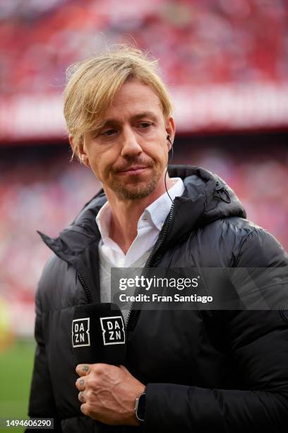 José María Gutiérrez Hernández, former player of Real Madrid and now DAZN narrator is seen prior to the LaLiga Santander match between Sevilla FC and...