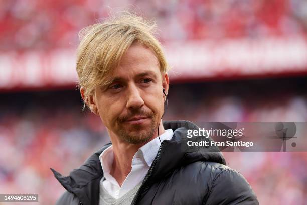 José María Gutiérrez Hernández, former player of Real Madrid and now DAZN narrator is seen prior to the LaLiga Santander match between Sevilla FC and...