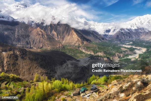 aerial drone sunrise scene of landscape of hunza valley with river and karakoram range mountain, hunza valley, gilgit-baltistan, north of pakistan. - asia village river bildbanksfoton och bilder