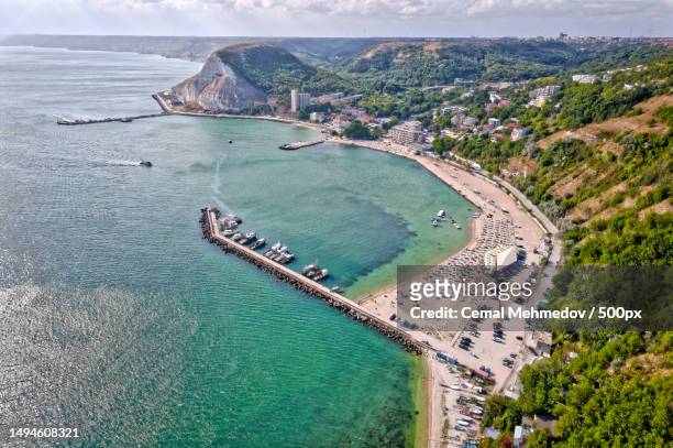 high angle view of sea,beach and cityscape,kavarna,bulgaria - bulgaria ストックフォトと画像