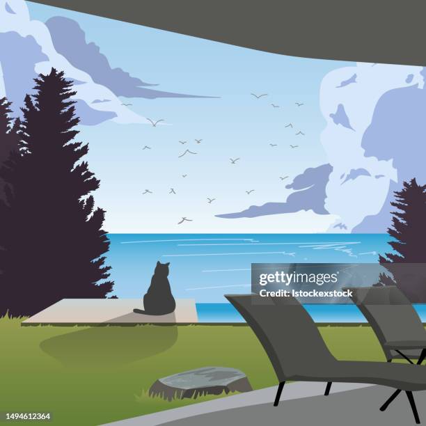 landscape with a cat near the ocean in hotel - chaise longue stock illustrations