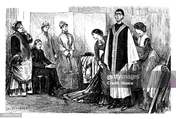 british satire caricature comic cartoon illustration - woman dressing stock illustrations