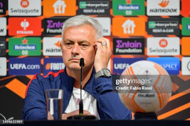 Roma coach Josè Mourinho attends the press conference prior to the UEFA Europa League 2022/23 final match between Sevilla FC and AS Roma at Puskas...