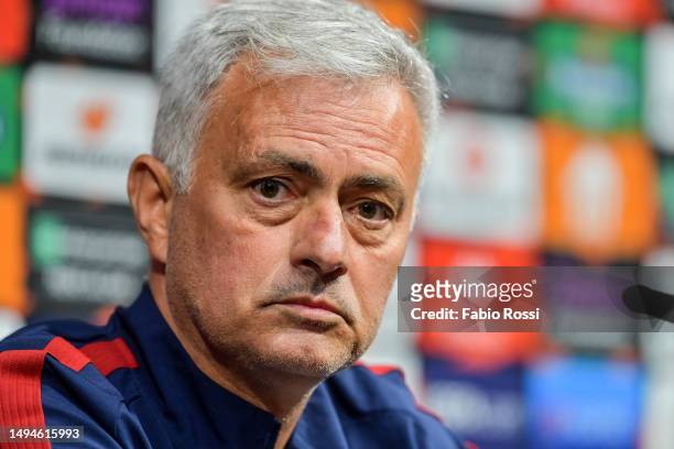 Roma coach Josè Mourinho attends the press conference prior to the UEFA Europa League 2022/23 final match between Sevilla FC and AS Roma at Puskas...