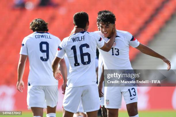 Owen Wolff of USA celebrates with teammates after scoring the team's first goal during the FIFA U-20 World Cup Argentina 2023 Round of 16 match...