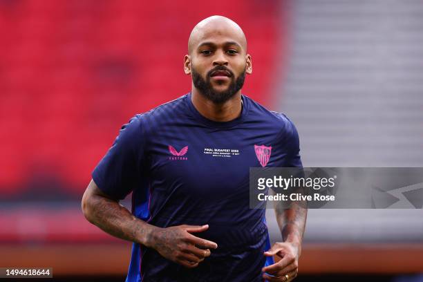 Marcao of Sevilla FC looks on during a training session prior to the UEFA Europa League 2022/23 final match between Sevilla FC and AS Roma at Puskas...
