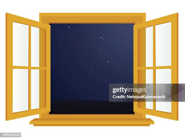 ilustraciones, imágenes clip art, dibujos animados e iconos de stock de ventana abierta por la noche - windows