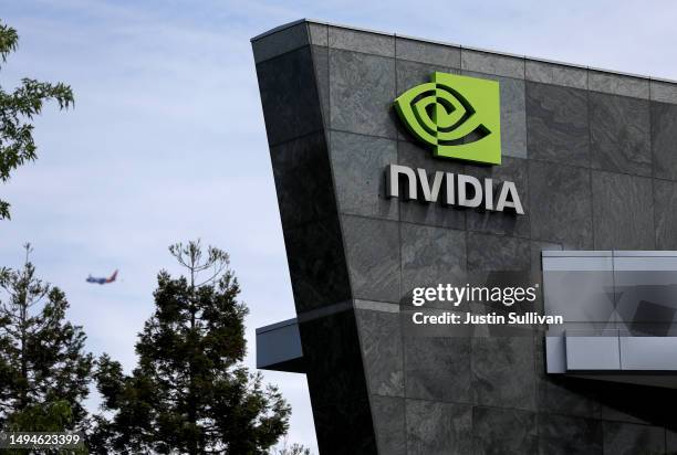 An exterior view of the NVIDIA headquarters on May 30, 2023 in Santa Clara, California. Chipmaker NVIDIA reached a $1 trillion market cap at the open...