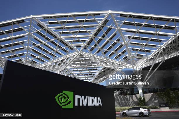 An exterior view of the NVIDIA headquarters on May 30, 2023 in Santa Clara, California. Chipmaker NVIDIA reached a $1 trillion market cap at the open...