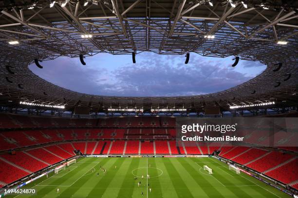General view inside the stadium during a training session for Sevilla FC prior to the UEFA Europa League 2022/23 final match between Sevilla FC and...
