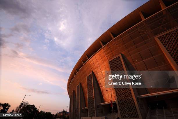 General view outside the stadium prior to the UEFA Europa League 2022/23 final match between Sevilla FC and AS Roma at Puskas Arena on May 30, 2023...