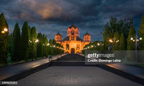church of st gregory the illuminator at dusk, yerevan, armenia - armenian church stock pictures, royalty-free photos & images