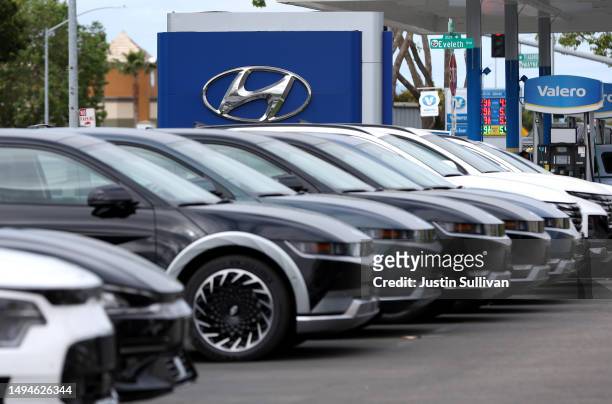 New Hyundai cars are displayed on the sales lot at San Leandro Hyundai on May 30, 2023 in San Leandro, California. A surge in Kia and Hyundai thefts...