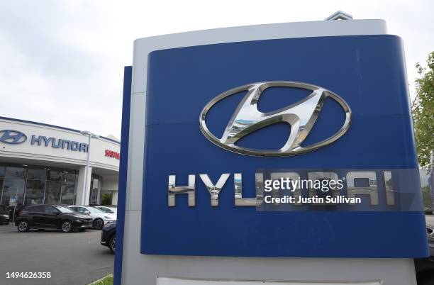 New Hyundai cars are displayed on the sales lot at San Leandro Hyundai on May 30, 2023 in San Leandro, California. A surge in Kia and Hyundai thefts...