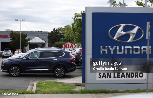 New Hyundai cars are displayed on the sales lot at San Leandro Hyundai on May 30, 2023 in San Leandro, California. A surge in Kia and Hyundai thefts...