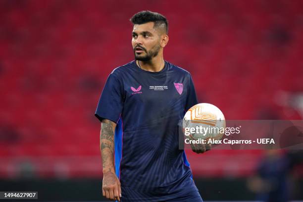 Jesus Manuel Corona of Sevilla FC looks on during a training session prior to the UEFA Europa League 2022/23 final match between Sevilla FC and AS...