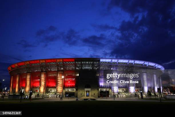 General view outside the stadium prior to the UEFA Europa League 2022/23 final match between Sevilla FC and AS Roma at Puskas Arena on May 30, 2023...