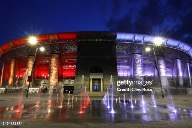 General view outside the stadium prior to the UEFA Europa League 2022/23 final match between Sevilla FC and AS Roma at Puskas Arena on May 30, 2023...