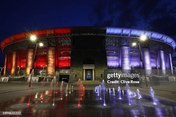 General view outside the stadium prior to the UEFA Europa League 2022/23 final match between Sevilla FC and AS Roma at Puskas Arena on May 30, 2023...