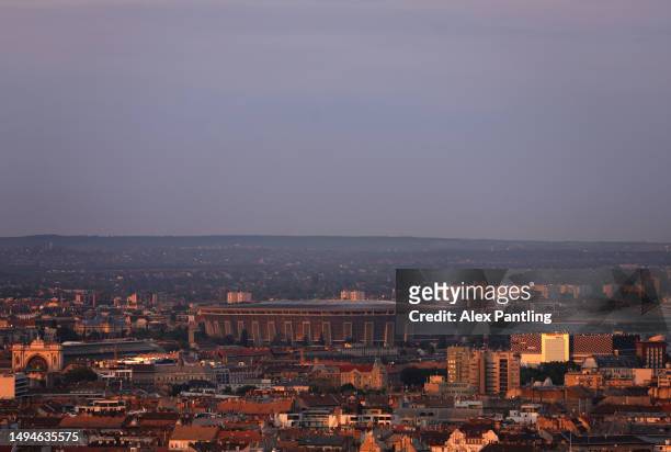 General view as the Puskas Arena as the sunsets prior to the UEFA Europa League 2022/23 final match between Sevilla FC and AS Roma on May 30, 2023 in...