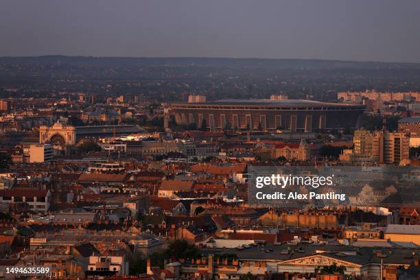 General view as the Puskas Arena as the sunsets prior to the UEFA Europa League 2022/23 final match between Sevilla FC and AS Roma on May 30, 2023 in...