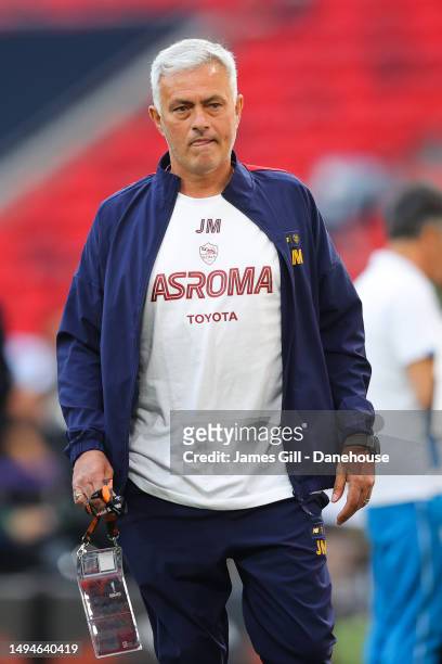 Jose Mourinho, manager of AS Roma, looks on as Sevilla take part in a pre-match training session prior to the UEFA Europa League 2022/23 final match...
