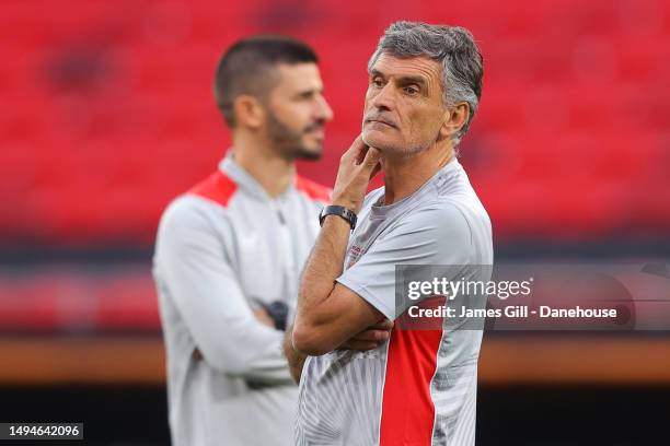 Jose Luis Mendilibar, manager of Sevilla, looks on as Sevilla take part in a pre-match training session prior to the UEFA Europa League 2022/23 final...