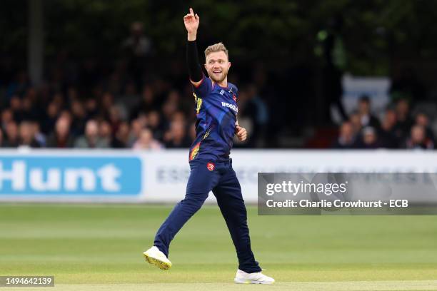 Sam Cook of Essex appeals for lbw during the Vitality Blast T20 match between Essex and Gloucestershire at The Cloud County Ground on May 30, 2023 in...