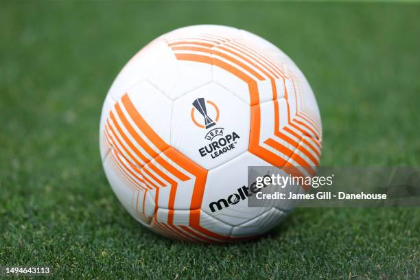 Molten UEFA Europe League matchball is seen as Sevilla take part in a pre-match training session prior to the UEFA Europa League 2022/23 final match...