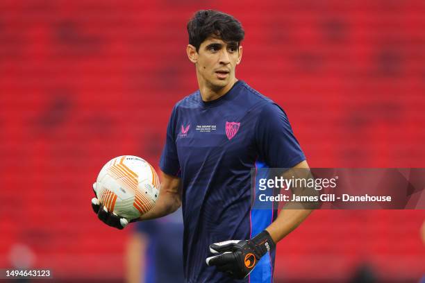 Yassine 'Bono' Bounou of Sevilla FC looks on as Sevilla take part in a pre-match training session prior to the UEFA Europa League 2022/23 final match...