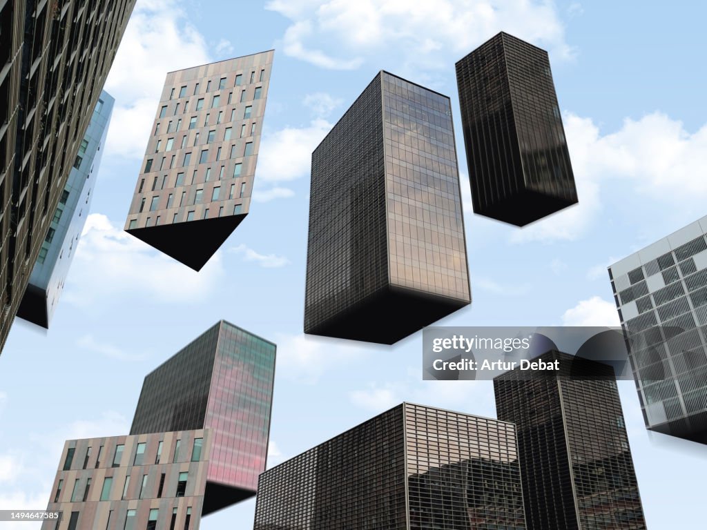 Creative picture of an office buildings levitating in the city like block stacking video game.