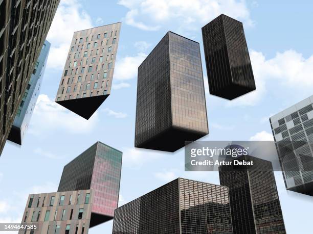 creative picture of an office buildings levitating in the city like block stacking video game. - up in the air stock pictures, royalty-free photos & images