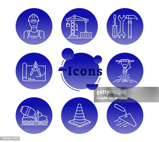 construction infographic template editable stroke. architecture , blueprint , cement mixer , jackhammer , crane building - bridge under construction stock illustrations